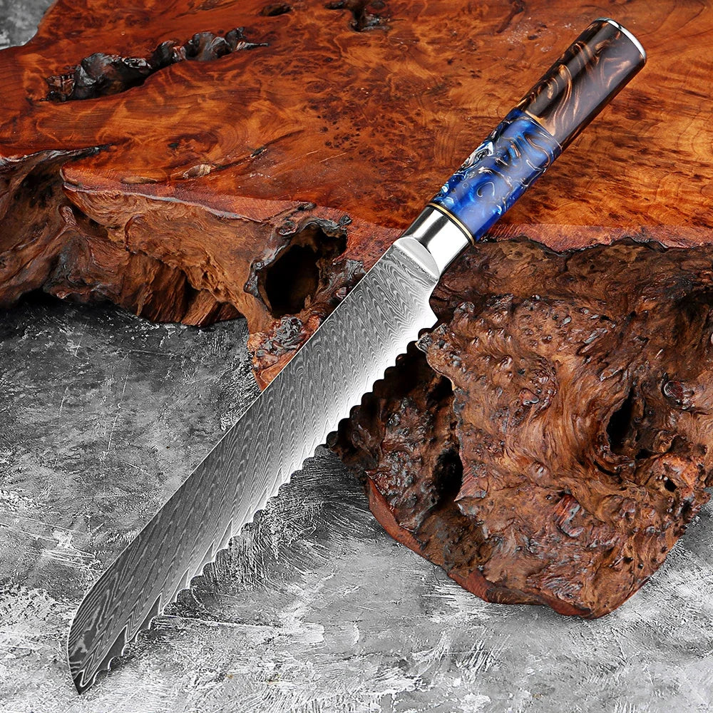 8-Inch Damascus Serrated Bread Knife – 67-Layer Steel Serrated Bread Knife Qst