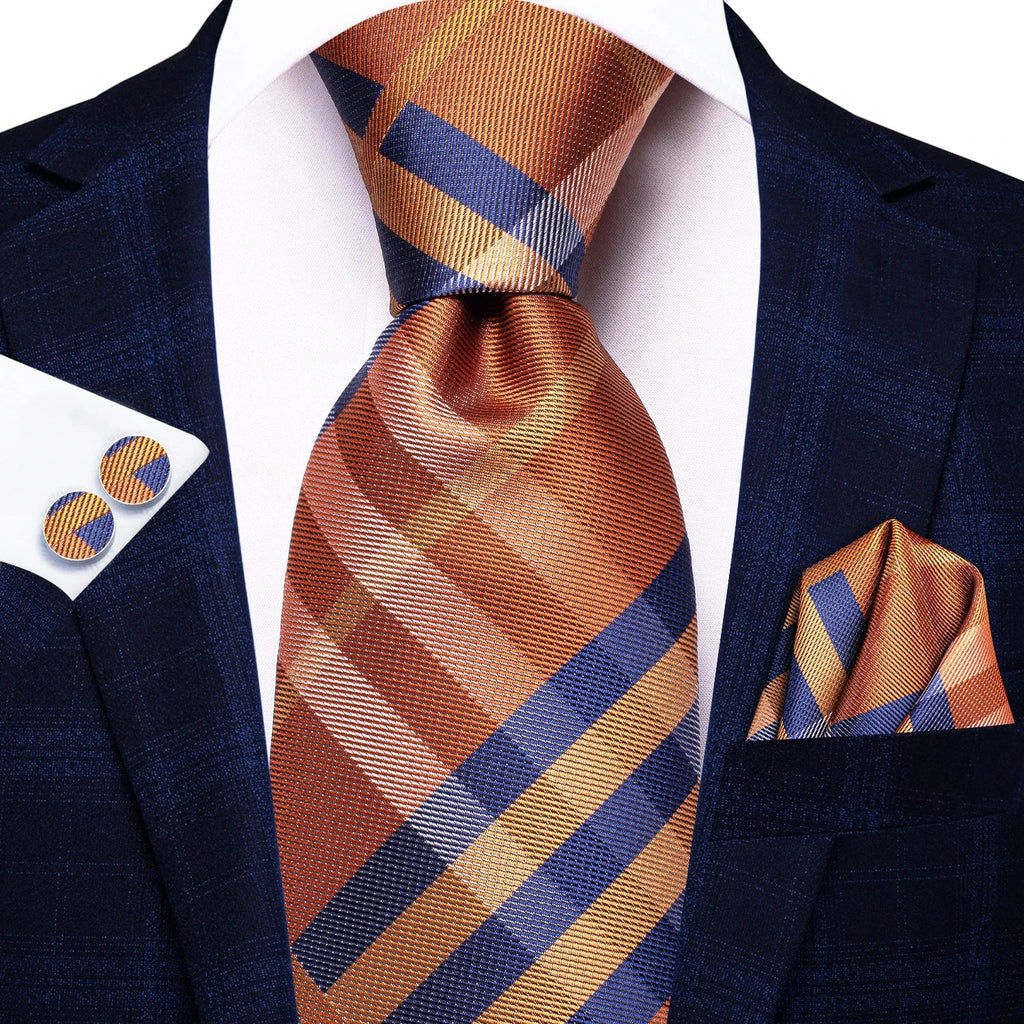 Men's Striped Tie Pocket Square & Cufflinks Set | Hi-Tie Formal Tie Set Qme 4004-3453