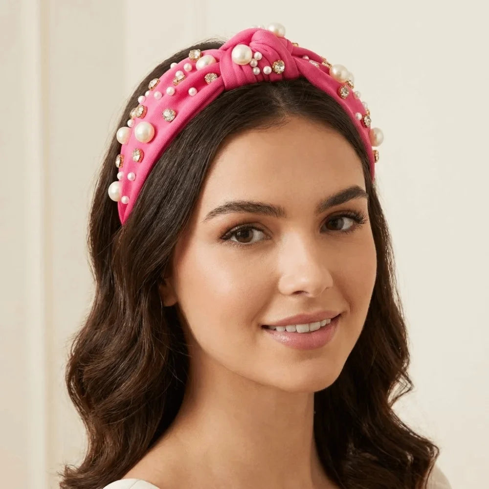 Rhinestone Pearl Wide Headband Hair Hoop – 12 Colors Pearl Rhinestone Headband Qme