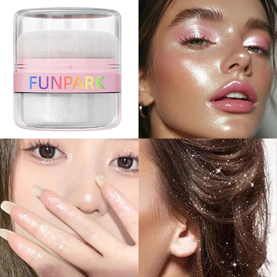 Qme Highlighter Powder with Puff – Face & Body Shimmer Glow Face & Body Highlighter Qme