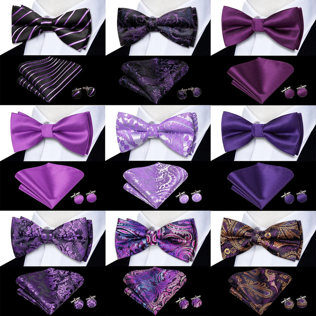 Men's Silk Bow Tie, Pocket Square & Cufflinks Set – Purple Bow Tie Gift Set Qme