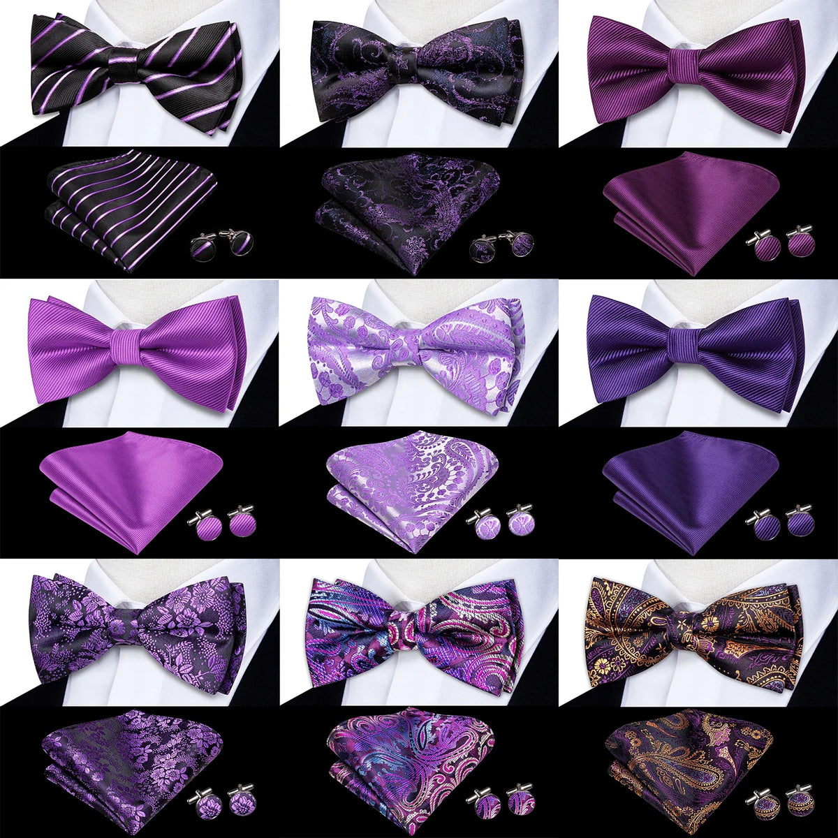 Men's Silk Bow Tie, Pocket Square & Cufflinks Set – Purple Bow Tie Gift Set Qme