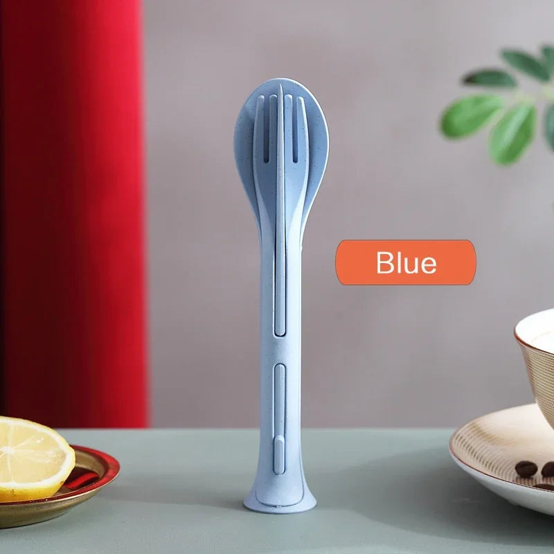 Wheat Straw Travel Cutlery Set – Spoon Fork Chopsticks Travel Cutlery Set Qme Blue