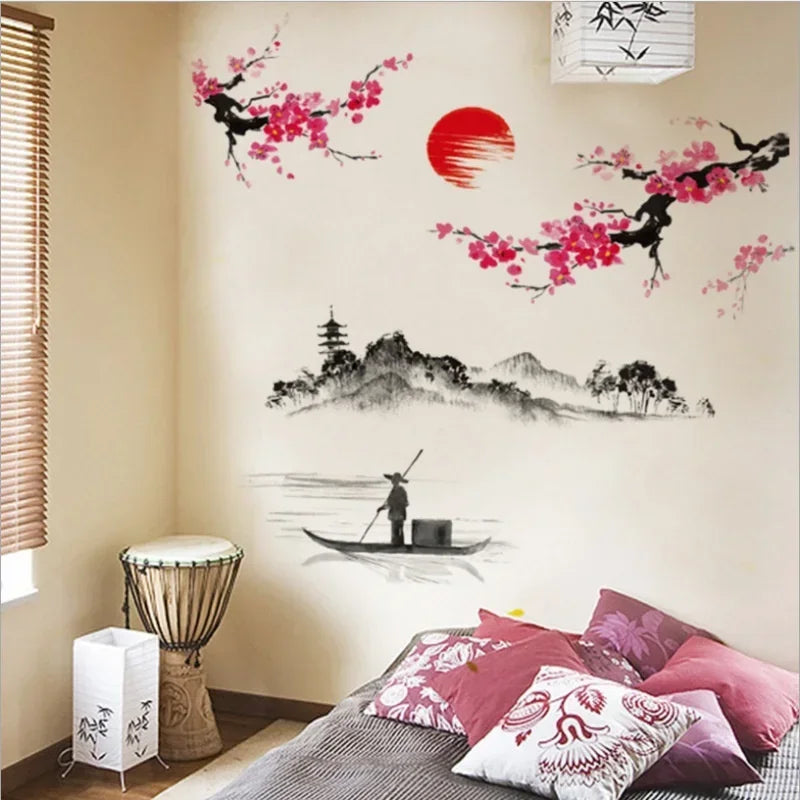 Pink Cherry Blossom Tree Wall Mural Sticker | Sakura Decal Wall Mural Decal Qme