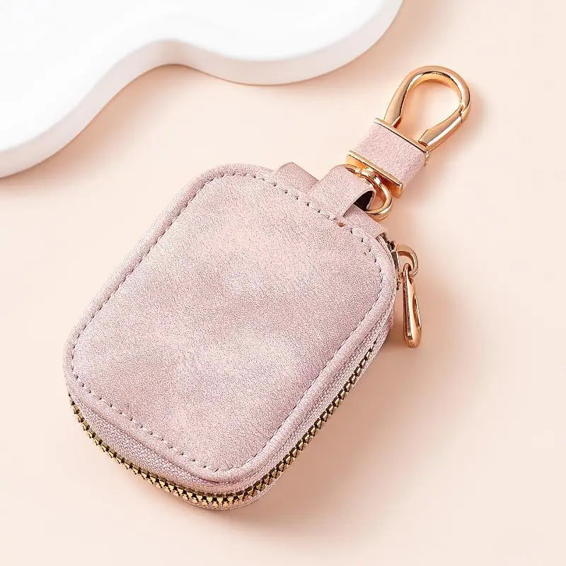 Soft Suede PU Leather Car Key Pouch with Zipper & Carabiner Key Pouch Case Qme