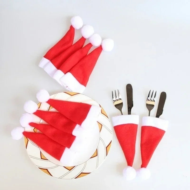 Christmas Cutlery Bag Holder Mini Santa Hat Fork & Knife Holiday Table Accessory Qme