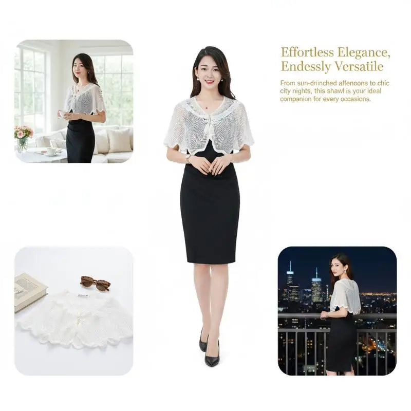 Knitted Hollow Shawl Cape with Pearl Brooch – 6 Colors Knitted Shawl Cape Qme