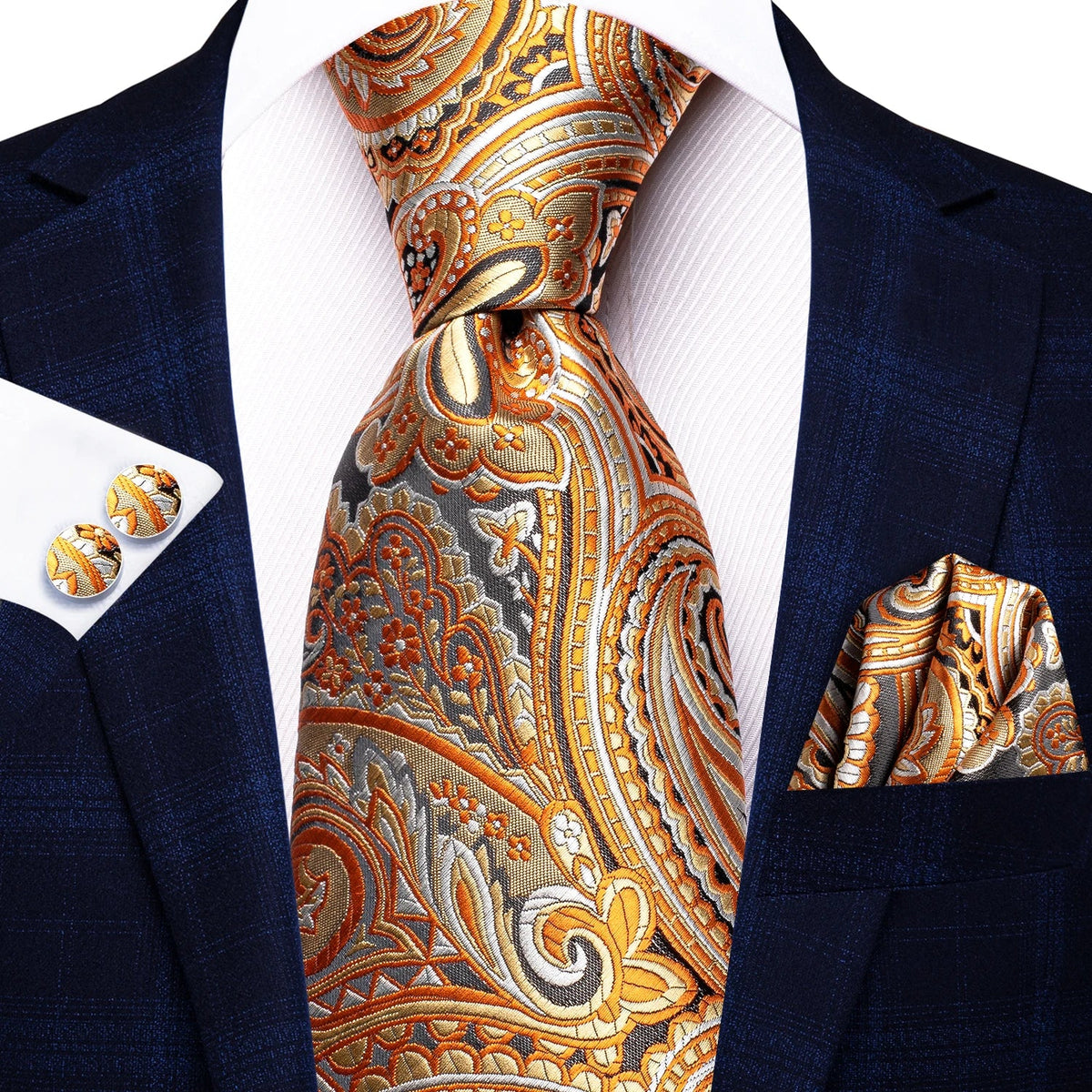 Hi-Tie Men's Orange Grey Paisley Silk Necktie Gift Set Necktie Gift Set Qme 3754