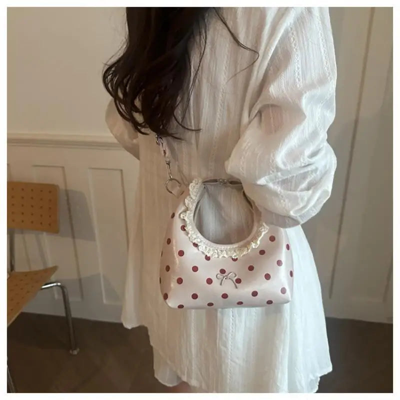 Polka Dot PU Leather Bag – Lace Ruffle Handle & Cute Bow Handbag Qme