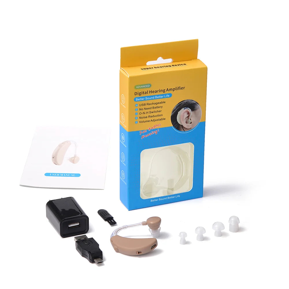 Rechargeable BTE Digital Hearing Aid | Sound Amplifier BTE Hearing Aid Qst Beige with EU Plug