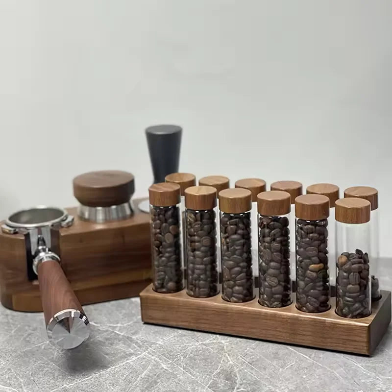 Glass Single Dose Coffee Bean Storage Tubes & Wood Display Rack Coffee Bean Storage Set Qst
