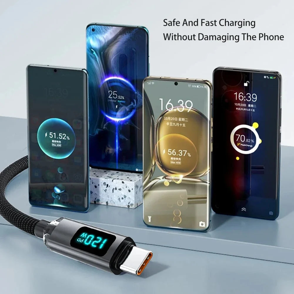 120W USB-C Fast Charging Cable | Nylon Braided & Digital Display USB-C Charging Cable Qme