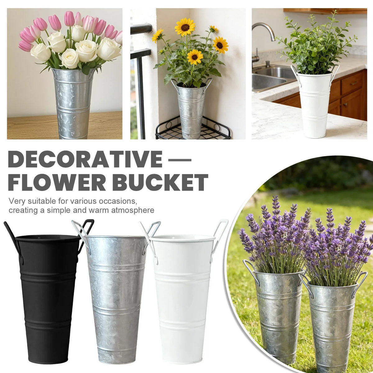 Small Galvanized Tin Flower Buckets with Handles – Set of 6 Decorative Tin Buckets Qme