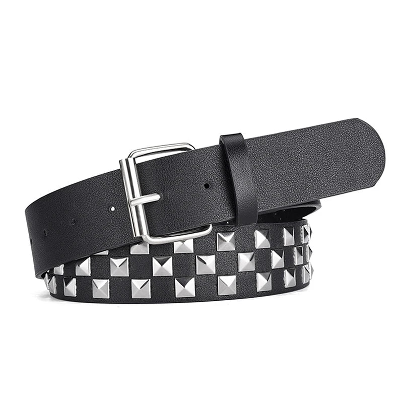 Rivet Checkerboard PU Leather Belt – Unisex Punk Hip-Hop Fashion Belt Qst Black