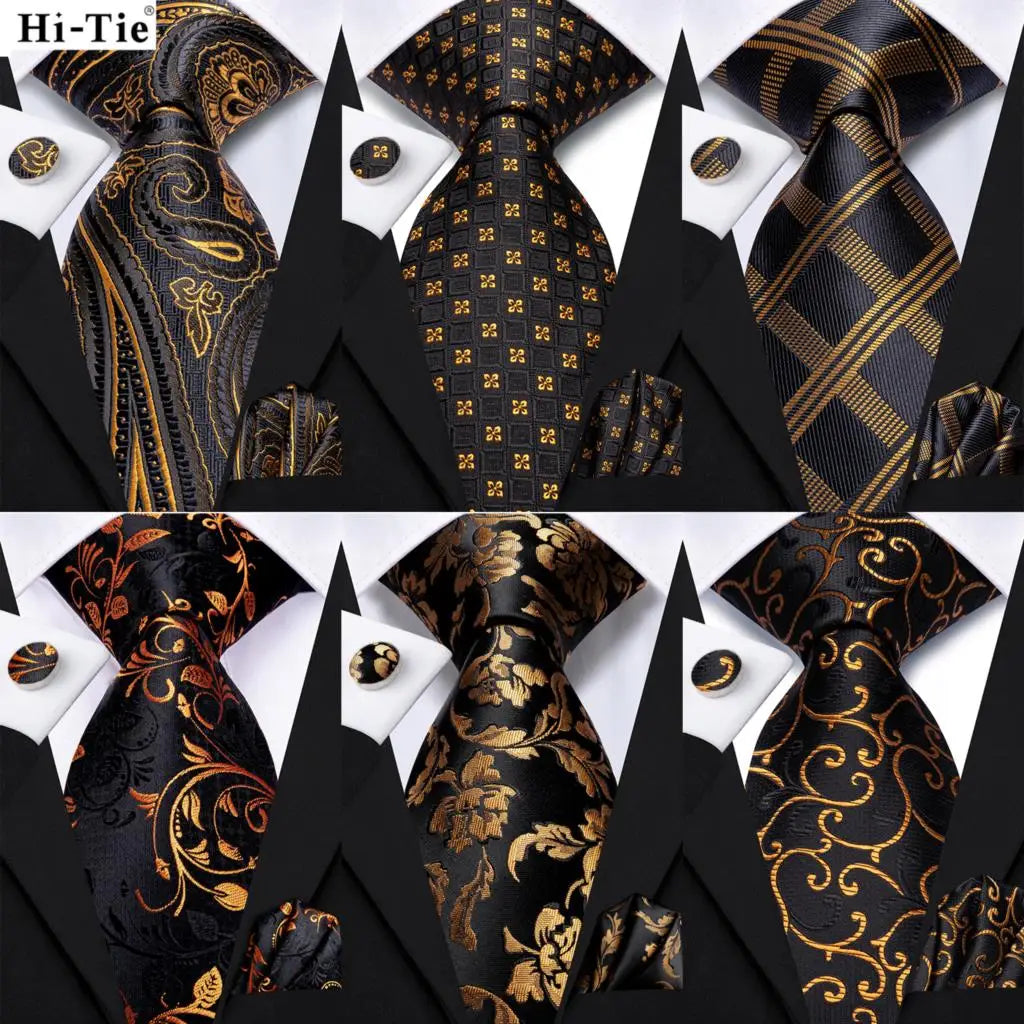 Hi-Tie 100% Silk Black Gold Jacquard Wedding Necktie Set Silk Necktie Set Qme