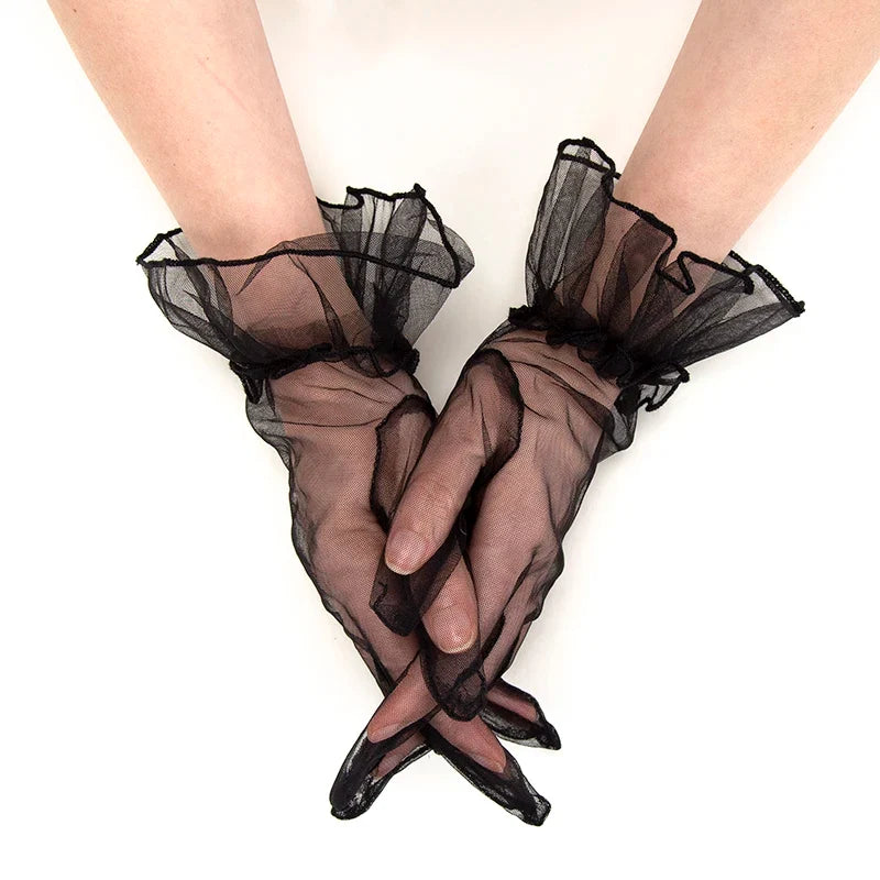 Women's Black Lace Gloves – Sheer Tulle Wedding & Bridal Lace Fashion Gloves Qme