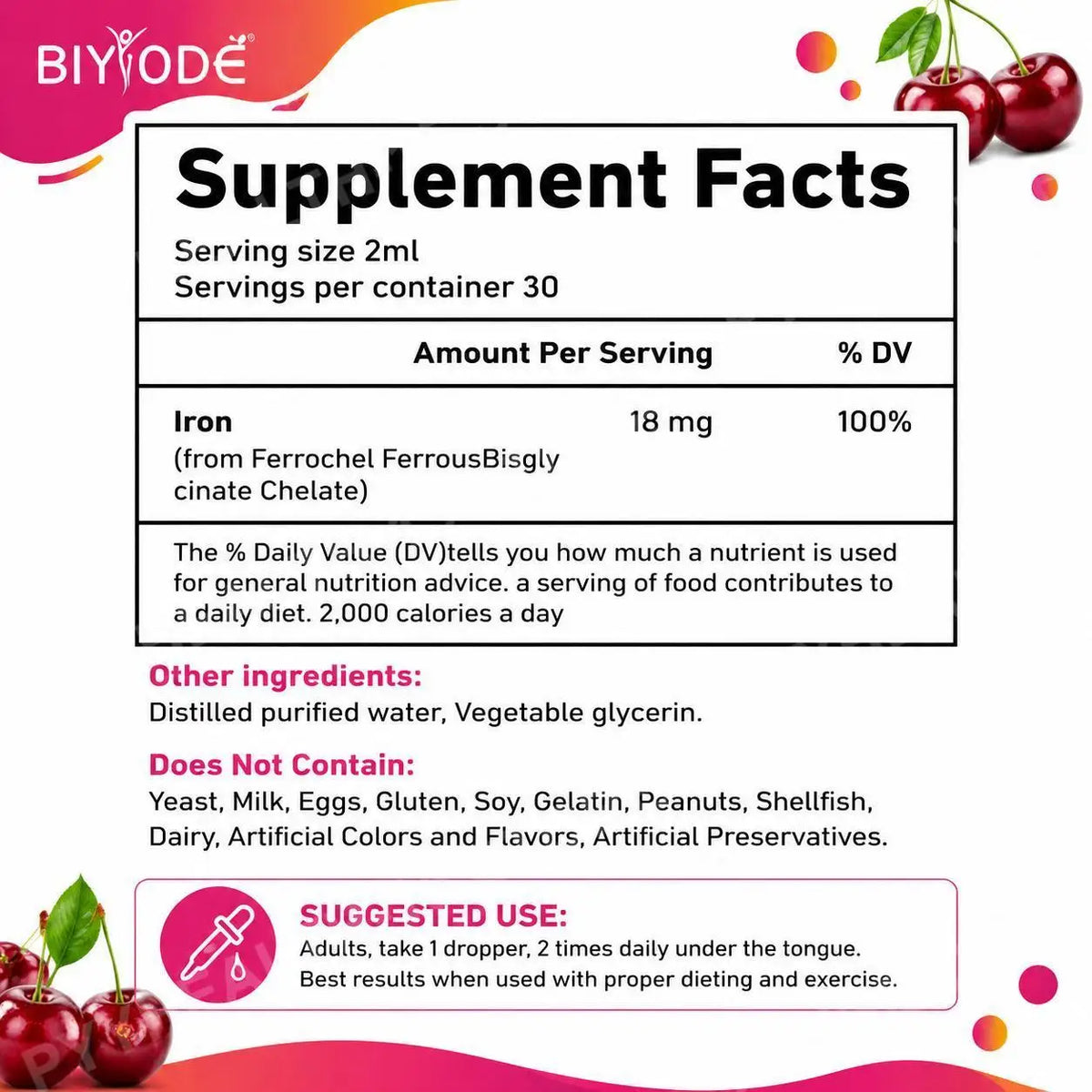 Biyode Iron Drops Cherry Flavor – Soy Free Liquid Iron 60mL Liquid Iron Supplement Qst
