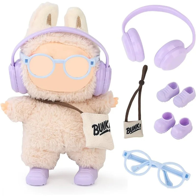 LABUBU 15-17cm Doll Accessories – Headphones, Glasses, Backpack & Shoes Doll Accessories Set Qme PURPLE
