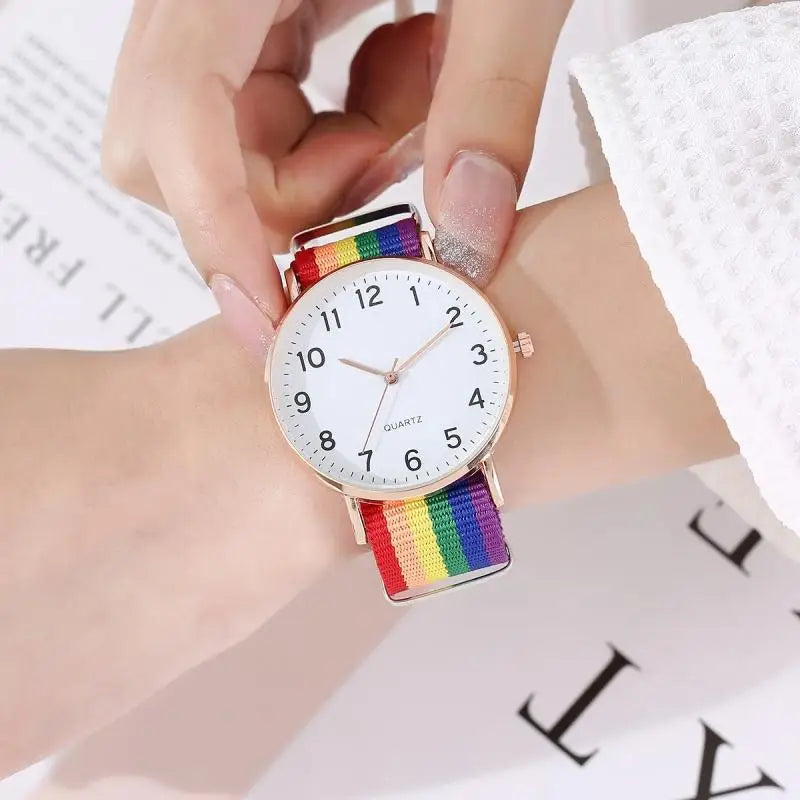 Rainbow Ultra-Thin Canvas Strap Watch | 12-Pointer Analog Canvas Strap Watch Qme