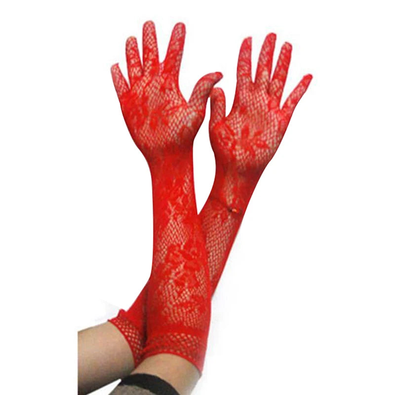 Women's Sheer Lace Fishnet Gloves – Stretchy Elbow Length Fashion Lace Gloves Qst Red