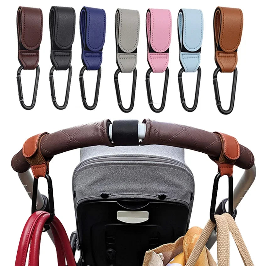 PU Leather Baby Stroller Hooks – Adjustable Pram Bag Hangers 2pc Stroller Hook Organizer Qme