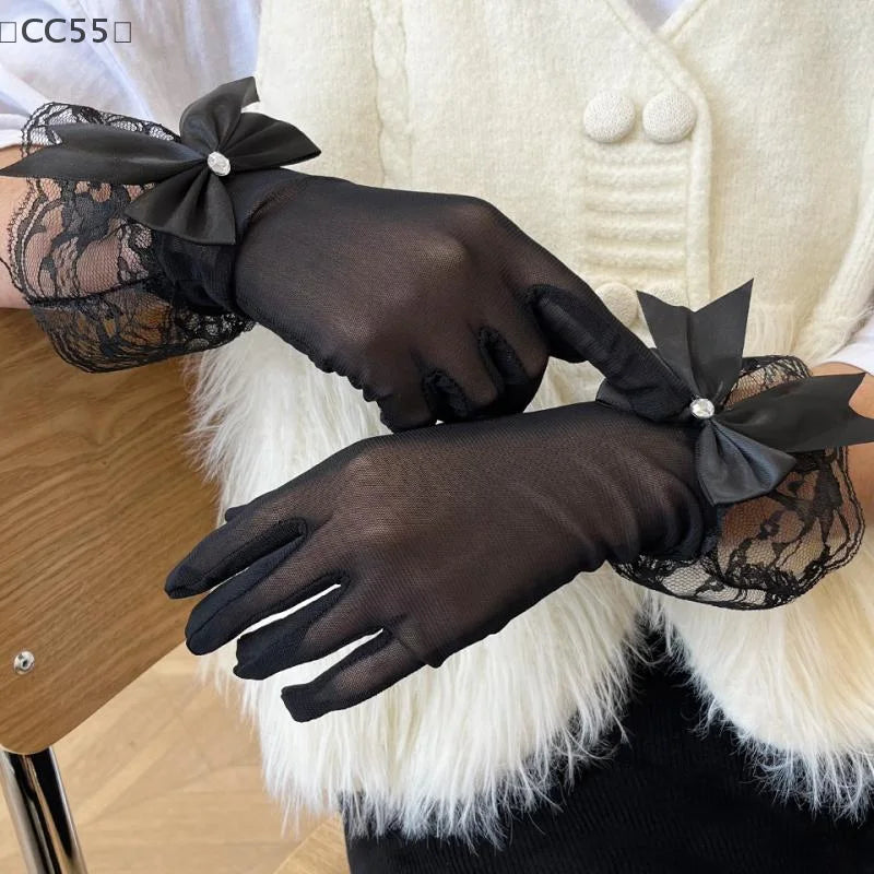 Sheer Mesh Lace Gloves with Ribbon Bow | Lolita Tulle Lace Fashion Gloves Qst