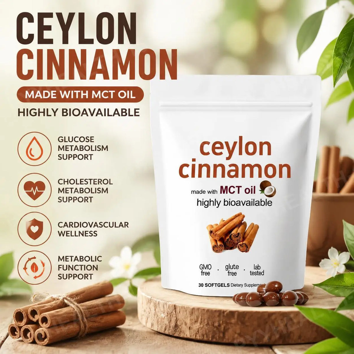 Ceylon Cinnamon Extract Softgels 7200mg + MCT Oil – 30 Count Herbal Supplement Qst