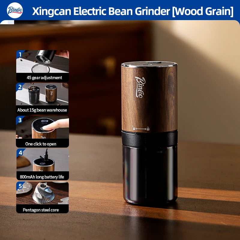 Bincoo Electric Burr Coffee Grinder – Portable Bean Mill Electric Coffee Grinder Qst WoodGrain 1pc