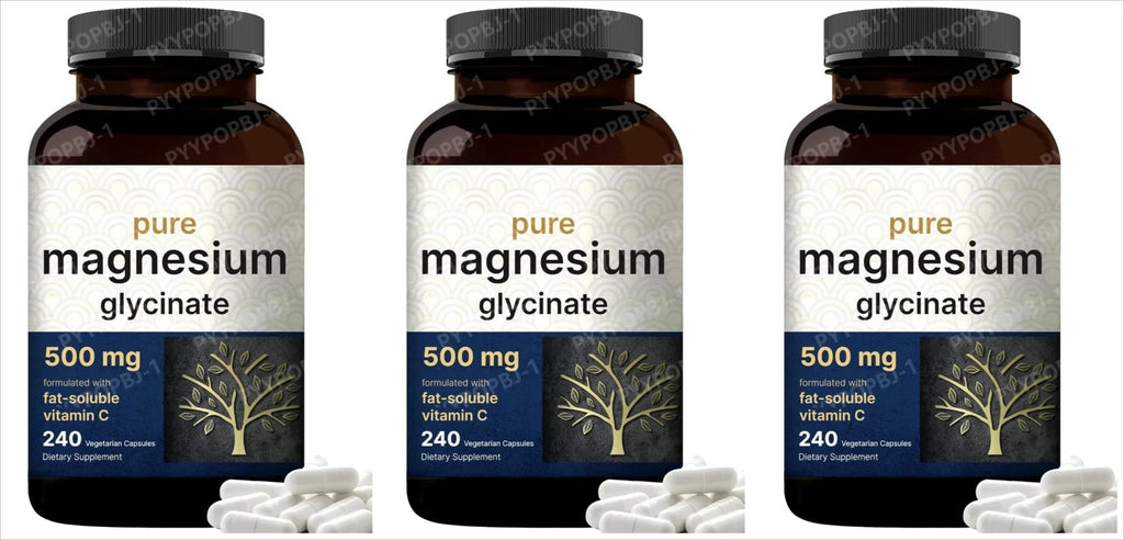 Magnesium Glycinate 500mg Veggie Capsules + Vitamin C, 240 Count Mineral Supplement Qst 240 Count (Pack of 3