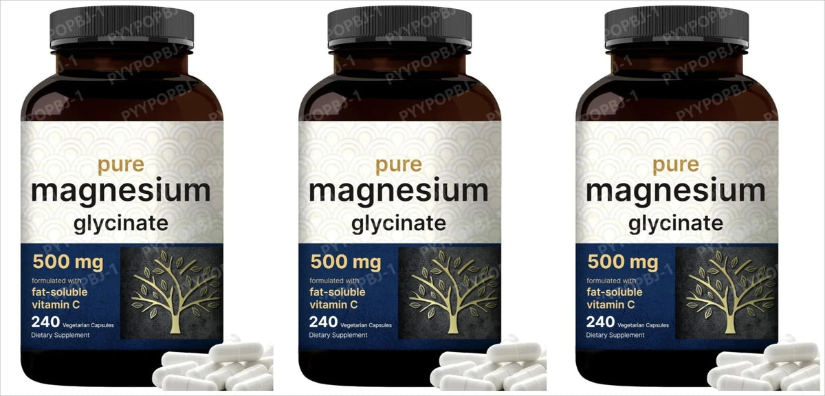 Magnesium Glycinate 500mg Veggie Capsules + Vitamin C, 240 Count Mineral Supplement Qst 240 Count (Pack of 3