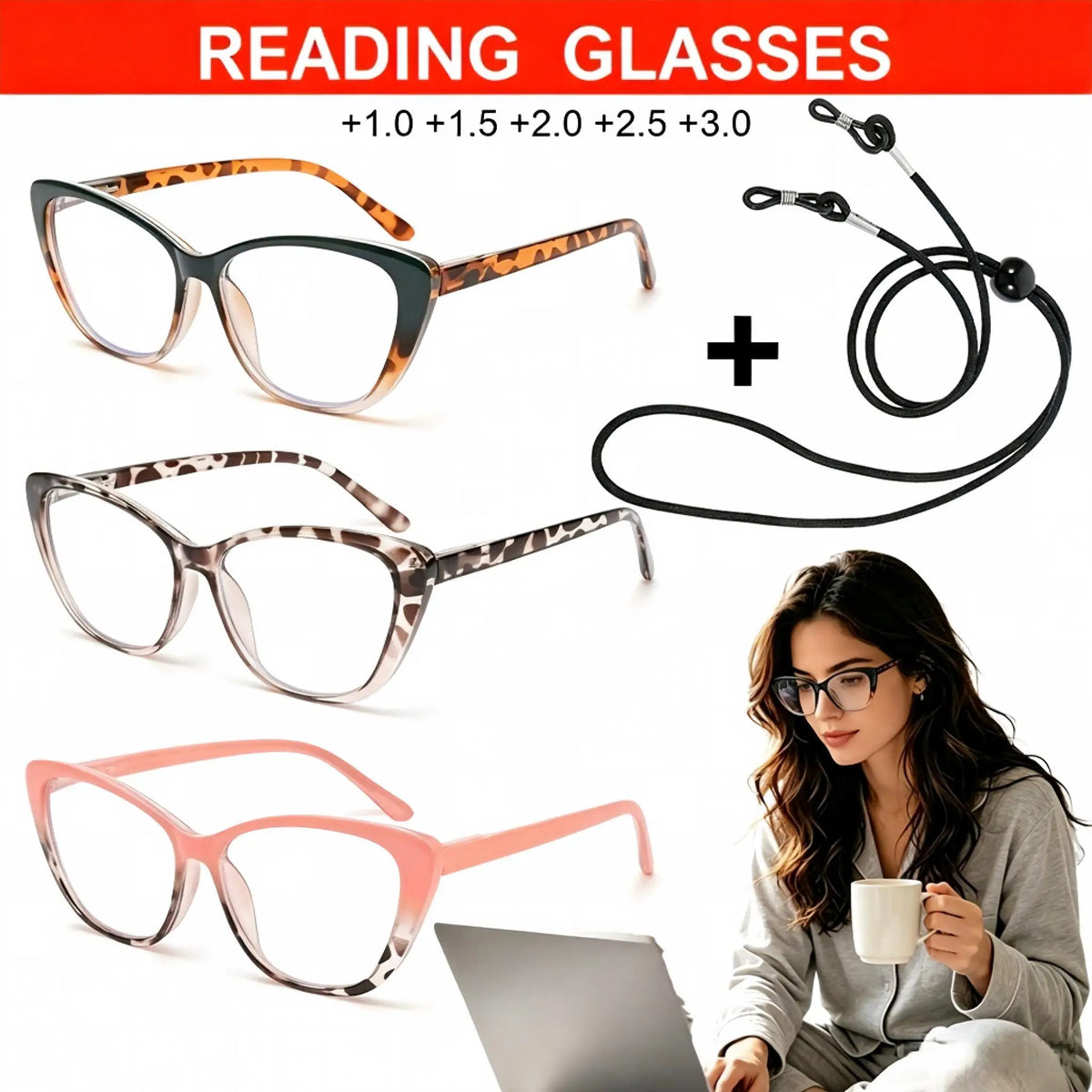 VOPHA Cat-Eye Reading Glasses Anti-Blue Light +1.0–+3.0 L66 Reading Glasses Qst