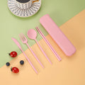 4-Piece Reusable Wheat Straw Cutlery Set with Carry Box Portable Cutlery Set Qst Pink