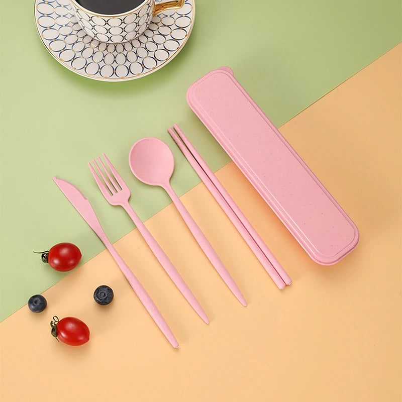 4-Piece Reusable Wheat Straw Cutlery Set with Carry Box Portable Cutlery Set Qst Pink