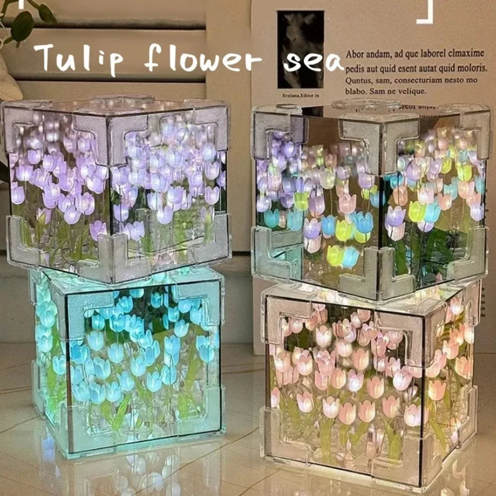 DIY Tulip Mirror Cube Lamp – Simulation Flower Night Light DIY Decorative Lamp Qme