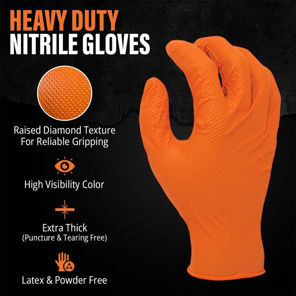Heavy Duty Nitrile Work Gloves – Orange Diamond Grip, 5–50 Pack Nitrile Work Gloves Qme
