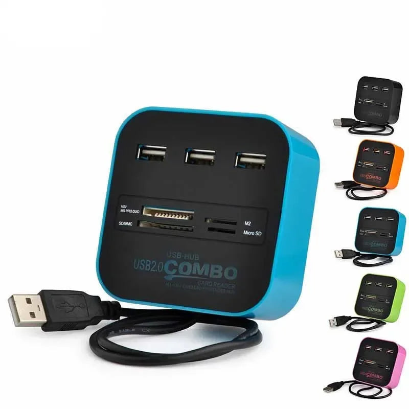 USB 2.0 Hub 3-Port with Card Reader Mini Combo Splitter USB Hub & Card Reader Qme