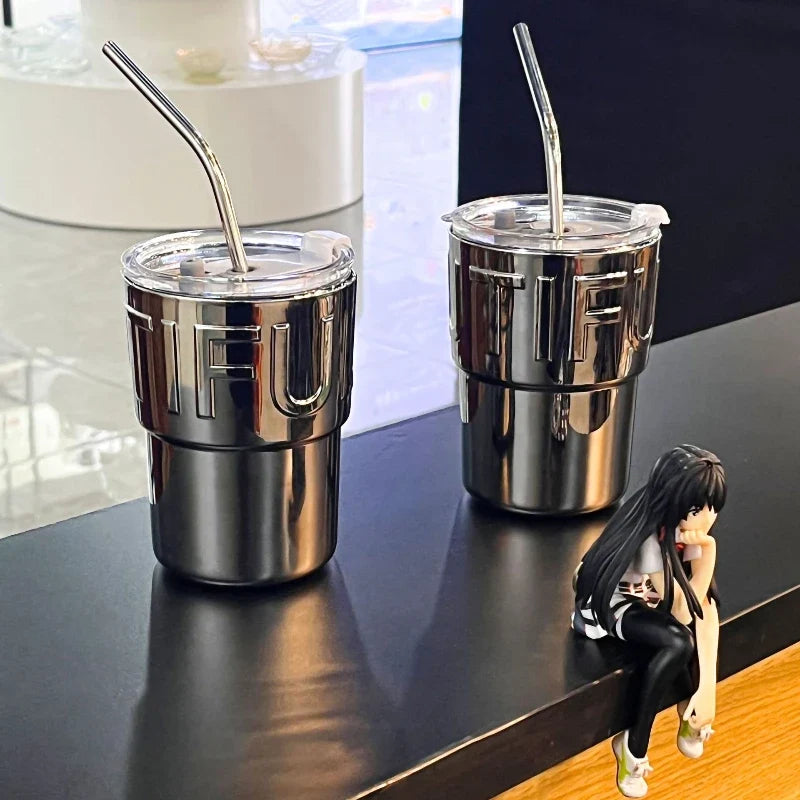 Mirrored Glass Coffee Cup with Lid & Straw – 420ml Glass Coffee Cup Qme Clear