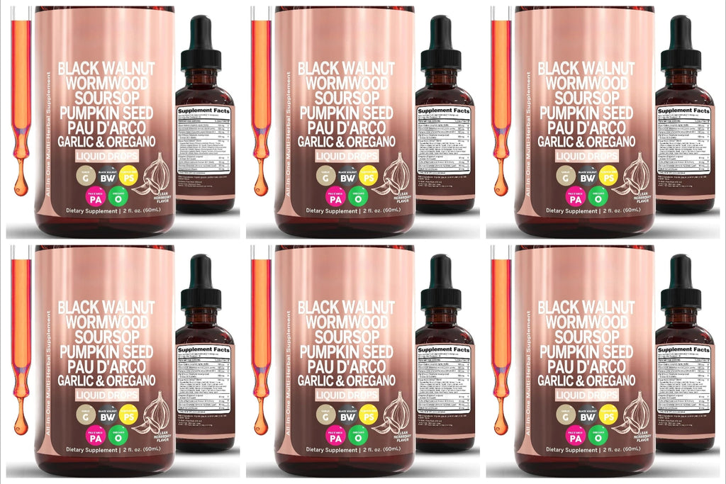 Herbal Liquid Drops – Garlic, Black Walnut & Turmeric 60ml Herbal Liquid Supplement Qst 6 bottles 360 ml
