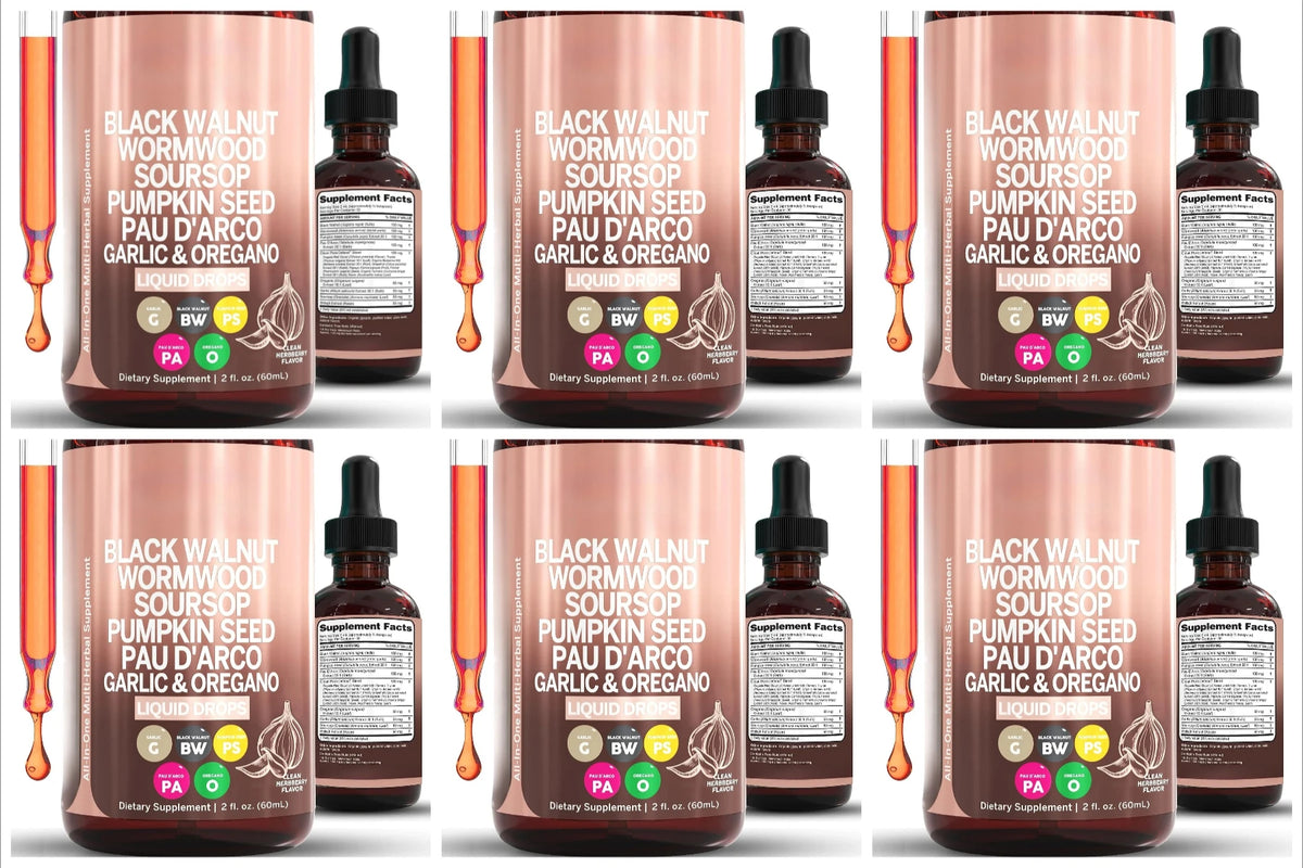 Herbal Liquid Drops – Garlic, Black Walnut & Turmeric 60ml Herbal Liquid Supplement Qst 6 bottles 360 ml