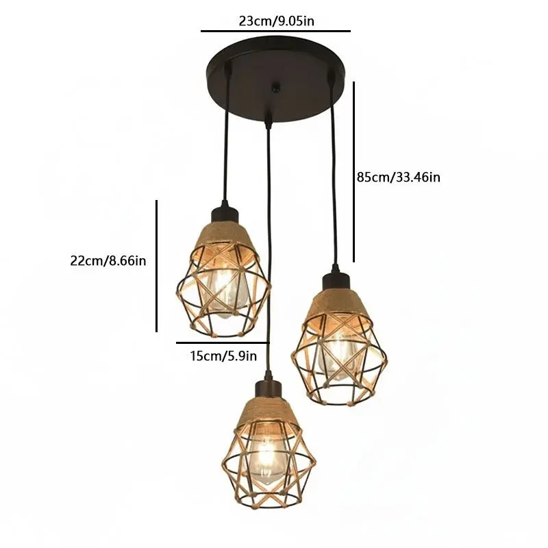 Vintage Hemp Rope Pendant Light – Retro Industrial Lamp Pendant Light Qme 3light-Round