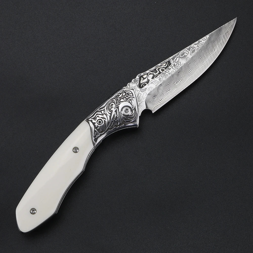 XUANFENG Damascus VG10 Folding Knife – Bull Bone Handle EDC Folding Pocket Knife Qst
