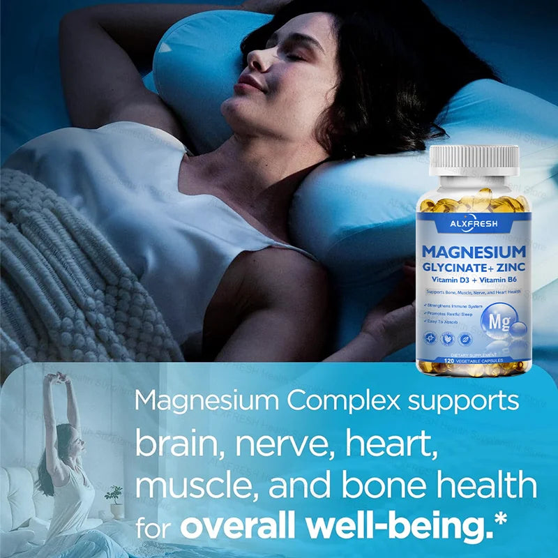 Magnesium Glycinate 500mg with D3, B6 & Zinc | ALXFRESH Magnesium Supplement Qst
