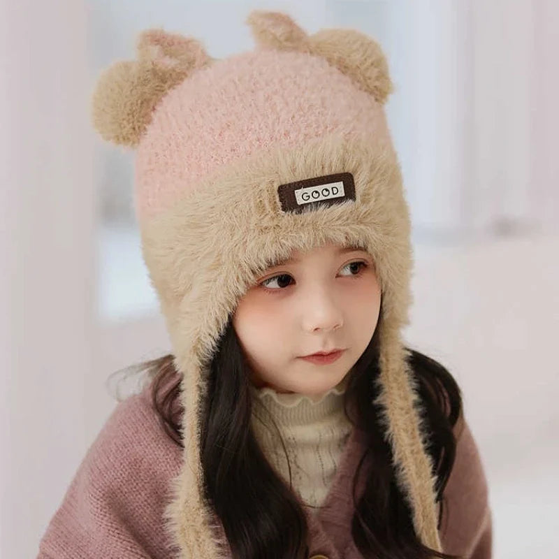 Girls' Bear Fleece-Lined Knitted Ear Flap Winter Hat | Qme Kids Winter Hat Qme