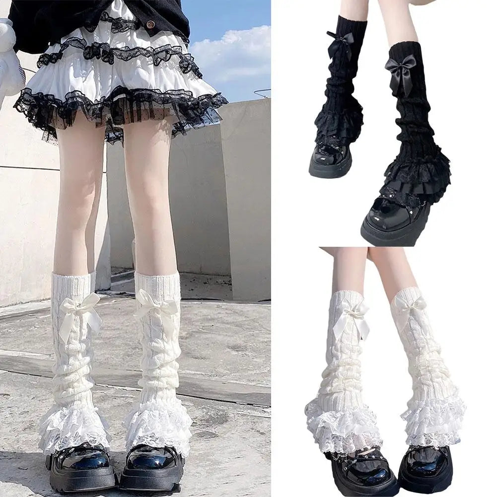 Women's Knitted Lace Bow Ruffle Leg Warmers | Lolita Style Knitted Leg Warmers Qme