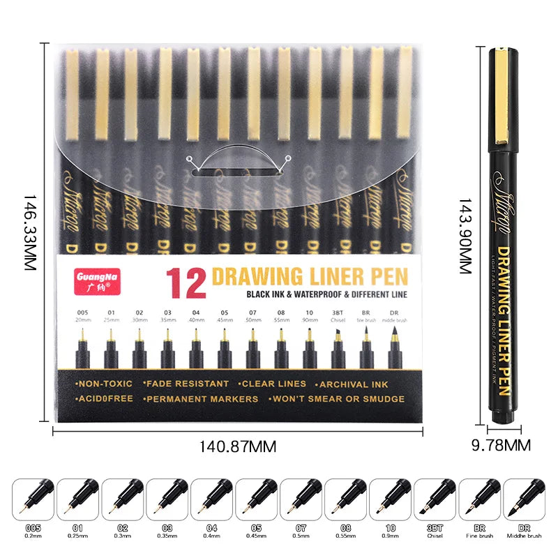Manga Markers Needle Pen Set – Hook Line Sketch Art Pens Sketch Art Pens Qme 12 Pcs set