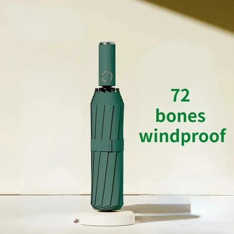 72-Bone Windproof Auto Folding Umbrella – Sun & Rain Windproof Folding Umbrella Qst Dark Green 12K Iron