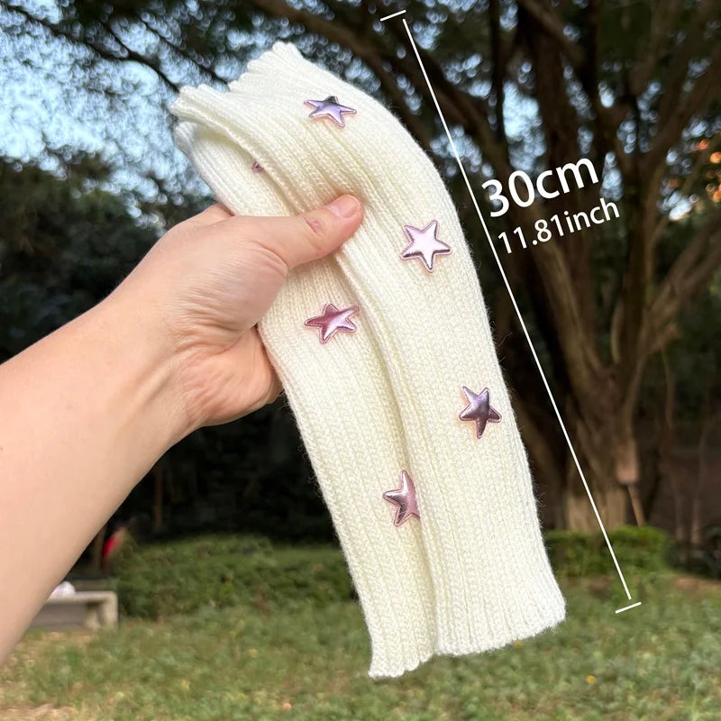 Y2K Fingerless Gloves Women Knitted Star Arm Warmers Fingerless Arm Warmers Qme 30cm white