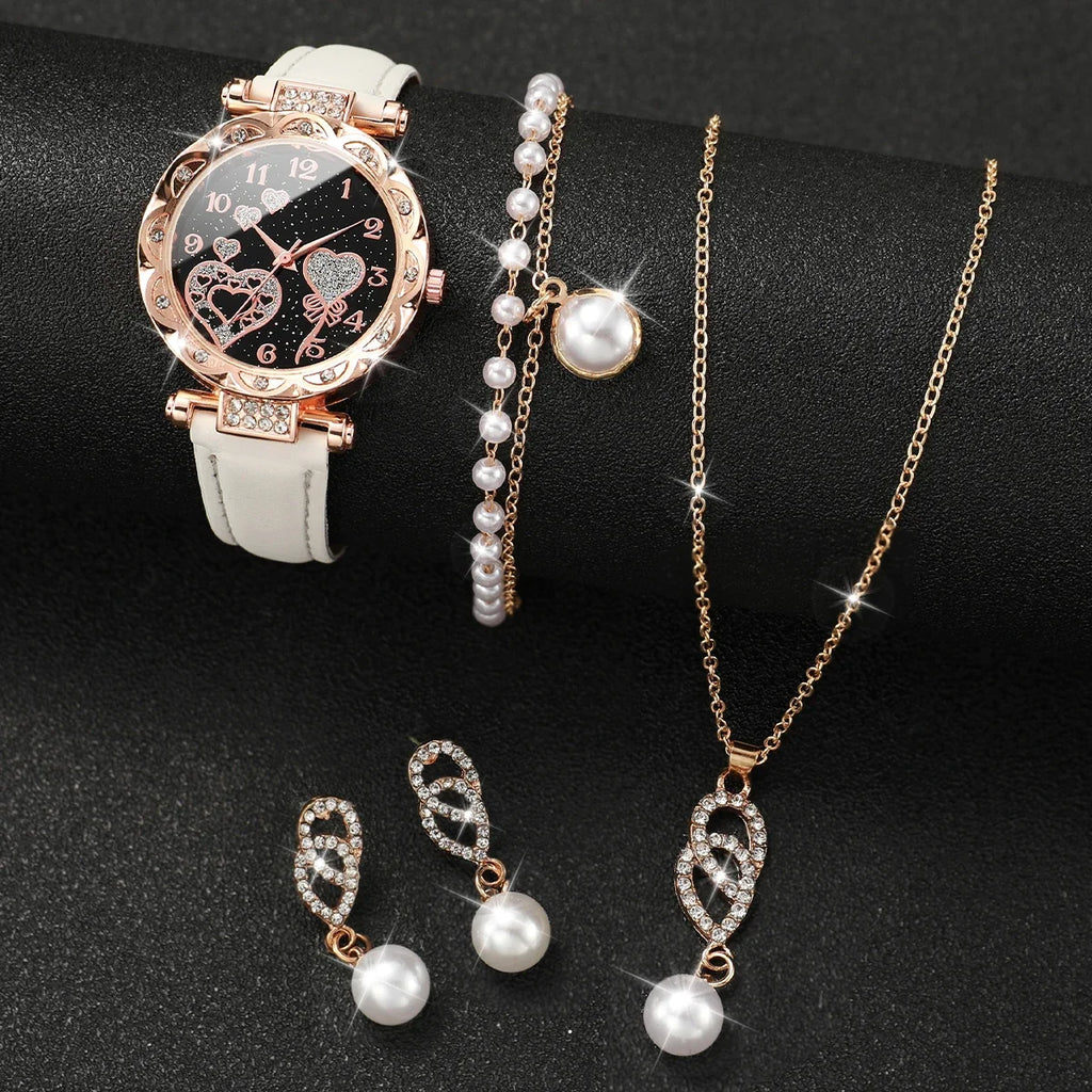 Ladies' Quartz Watch & Gemstone Jewelry 5-Piece Set Ladies Watch Gift Set Qme