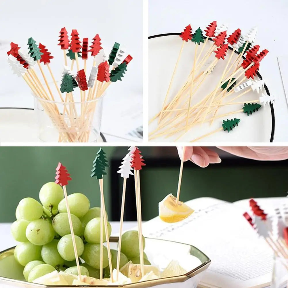 Christmas Bamboo Fruit Picks – Snowflake Santa Elk 50pcs Bamboo Food Picks Qme