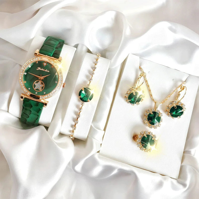 Women's 6-Piece Round Quartz Watch & Diamond Bracelet Set Watch & Bracelet Set Qme green